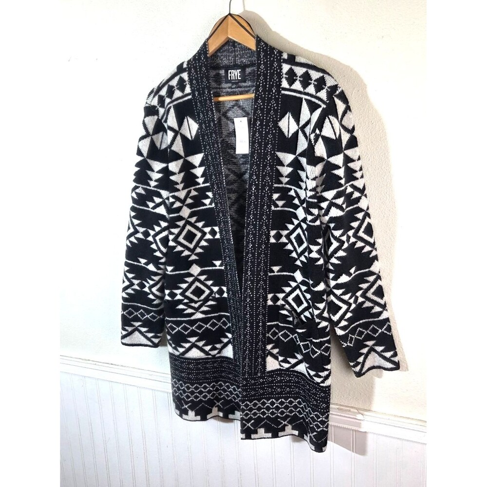 Frye Womens NWT Black White Aztec Cardigan Sweater Open Front Knit Size Large - Picture 3 of 13